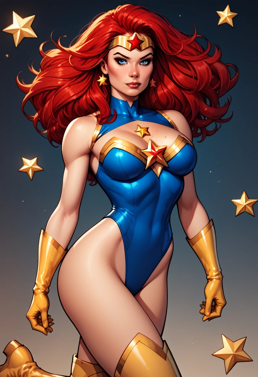 score_9, score_8_up, score_7_up, score_6_up, score_5_up, score_4_up, Sexy, Superheroine, Red hair, long hair, busty, ((blue highleg leotard with a t-back thong and a gold star insignia on chest)), gold boots, gold gloves