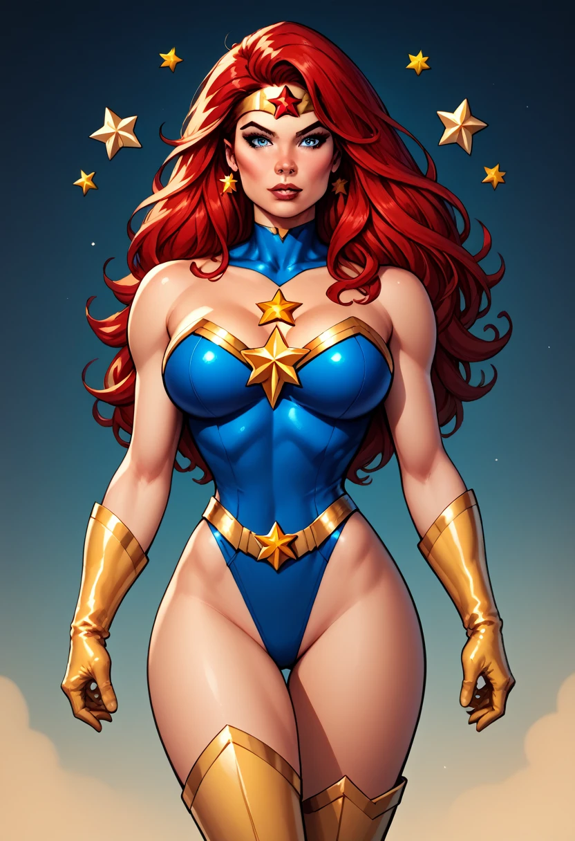 score_9, score_8_up, score_7_up, score_6_up, score_5_up, score_4_up, Sexy, Superheroine, Red hair, long hair, busty, ((blue highleg leotard with a t-back thong and a gold star insignia on chest)), gold boots, gold gloves