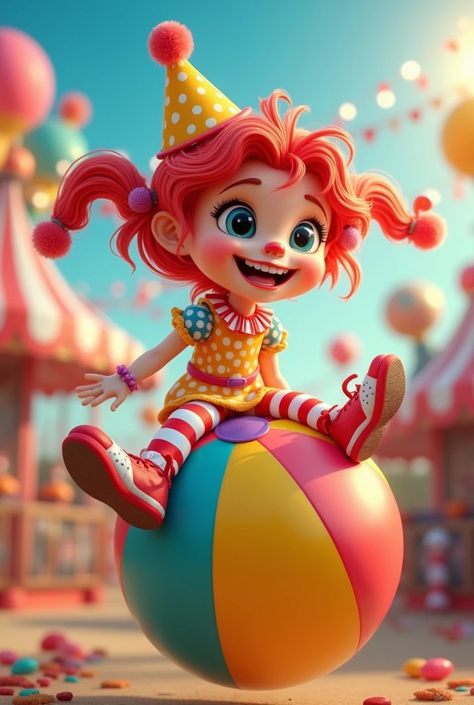 Masterpiece, best composition, 3D characters, cartoon style, cute clown girl, ball rider, colorful costumes.