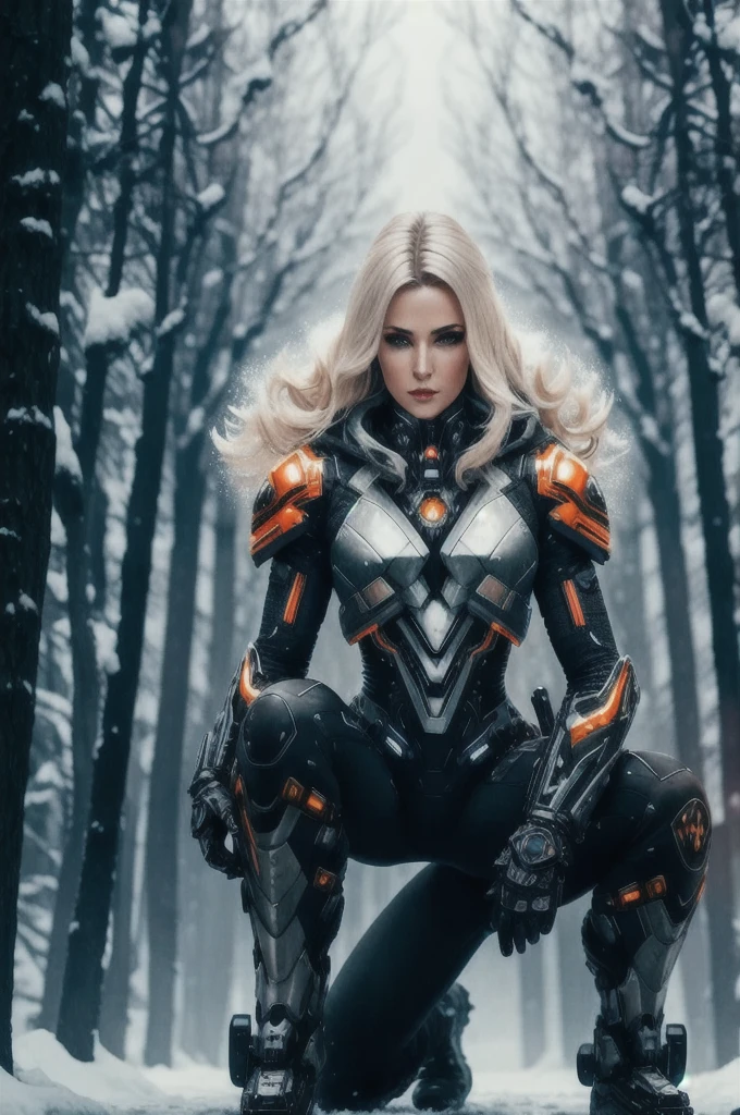 a beautiful woman cyborg warrior in the Style-RustMagic, cyberpunk augmentation, cyberware, cyborg, carbon fiber, chrome, implants, metal skull, cyber plate armor, (dark atmosphere:1.2), (fog & smoke), (dark night:1.3), scars, (dark medium length disheveled hair:1.1), (eyeshadow:1.1), (beautifully detailed glow:1.2), (Cinematic lighting), intricate detail, highres, rounded eyes, detailed facial features, sharp focus, smooth, aesthetic, detailed dark industrial factory background, stylish pose, dynamic pose, (dramapaint), (opt-6000:0.9), A stunning futuristic warrior woman with flowing blonde hair kneels on the ground in a snowy forest, her glowing white and orange suit reflecting in a puddle before her. The suit features intricate circuitry patterns that illuminate her body, contrasting against the stark white of her hooded cape. Her expression is stoic and powerful, hinting at a hidden strength