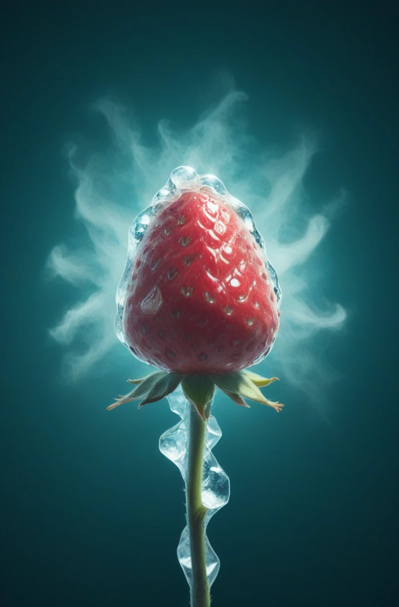 best quality、masterpiece、Strawberry single flower、バラのPetals are strawberries、Petals are strawberries、Rose-like ice made from strawberries、Super realistic strawberry with stem、level、Dark background、spotlight、dry ice smoke
