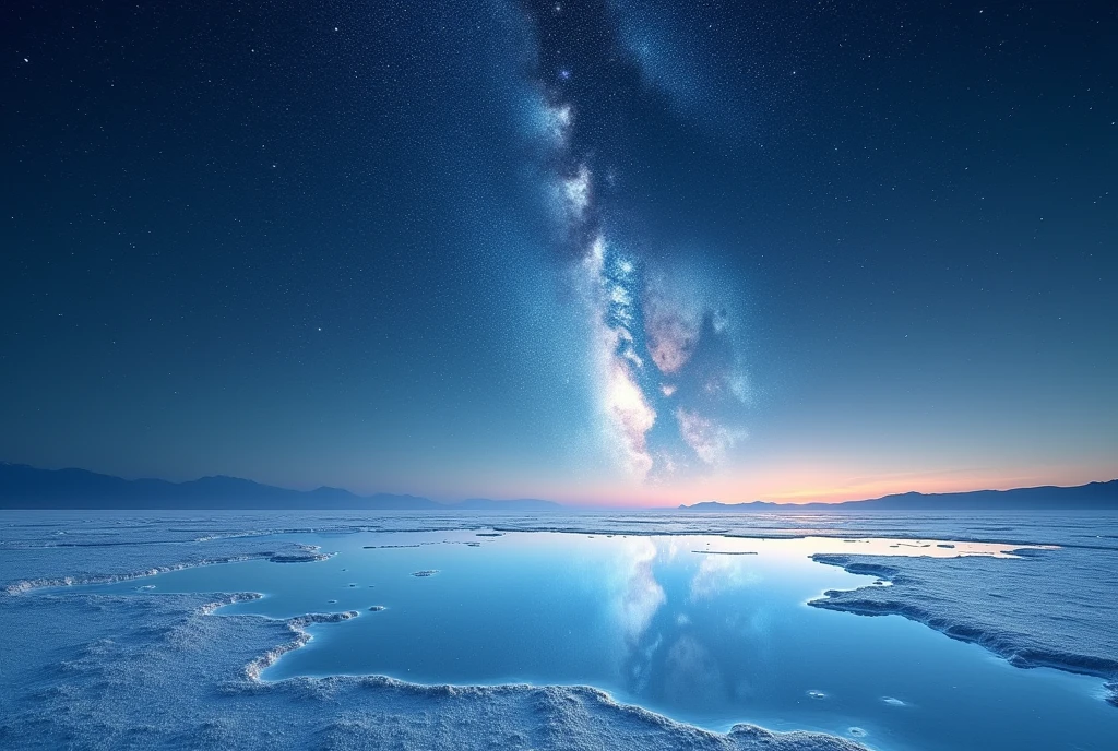 ((masterpiece, highest quality, Highest image quality, High resolution, photorealistic, Raw photo, 8K)), ((Extremely detailed CG unified 8k wallpaper)), The starry sky reflected in the Uyuni Salt Flats, the mirror-like water surface,