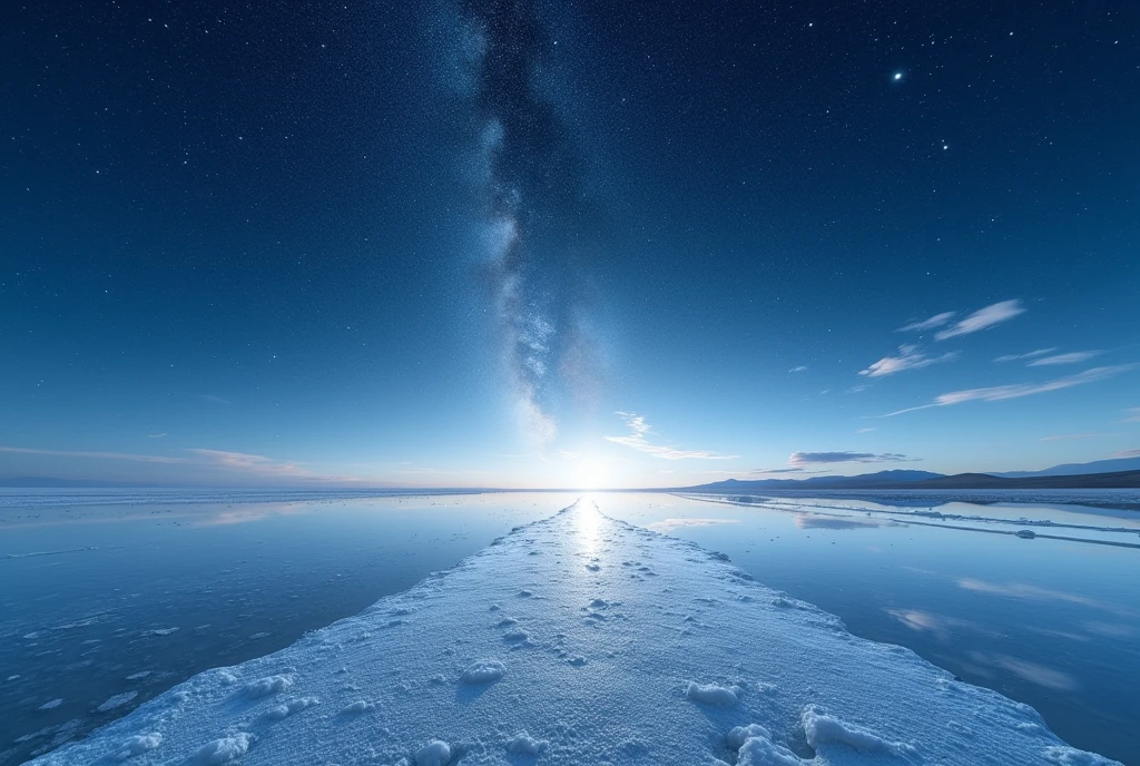 ((masterpiece, highest quality, Highest image quality, High resolution, photorealistic, Raw photo, 8K)), ((Extremely detailed CG unified 8k wallpaper)), The starry sky reflected in the Uyuni Salt Flats, the mirror-like water surface,