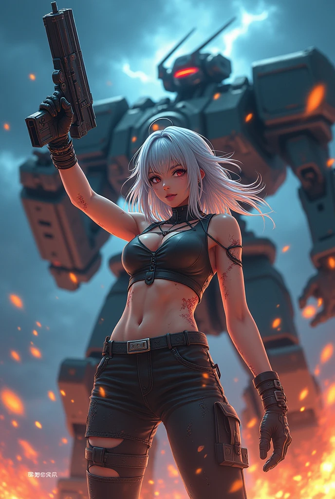 サイバーチックな大きい銃を持っている自身の手から肩までが近未来的なメカなanime調の女性、fire花が散っている、The laser is coming、A face full of determination、My clothes are in tatters、Covered in wounds、Shooting a laser gun that shoots white beams、Silver Hair、anime、The laser is coming、night、fire、A mech with chunky hands、He has transformed himself into a machine.、Highest quality、high resolution、thunder、muscle、Hand holding laser gun