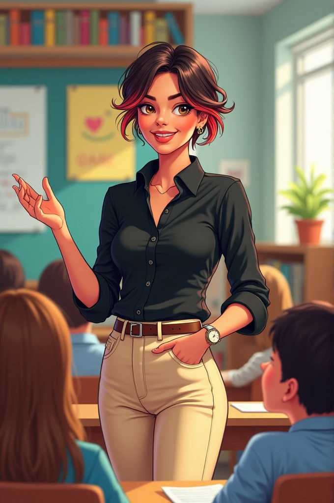 2d drawing of a Lesbian teacher at college with a black shirt and Beige pants 