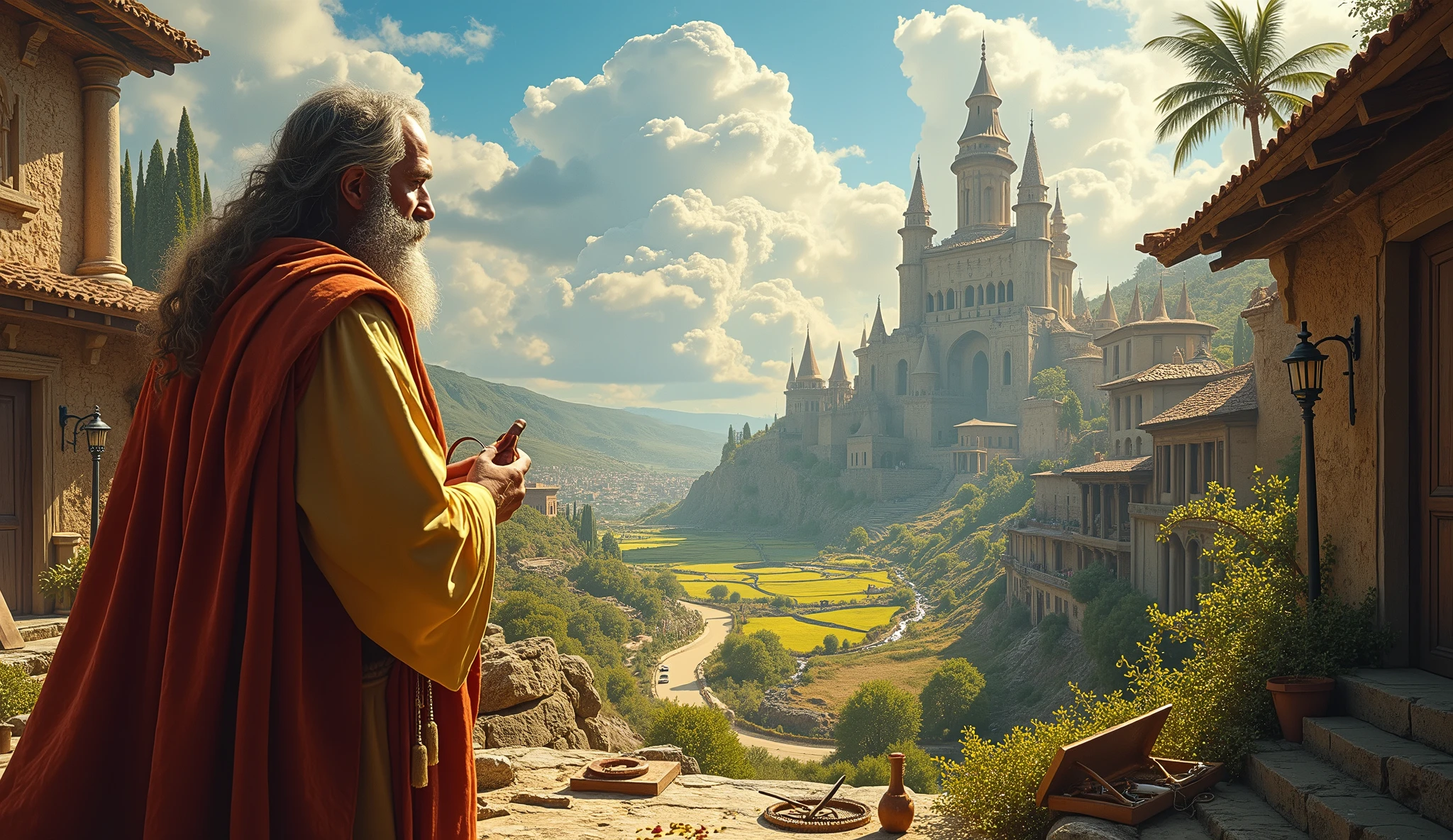Create an image that symbolizes financial planning with a biblical twist. With a detailed strategic plan, while Solomon, in a vibrant market scenario, observe carefully. Ao fundo, divide the scene into two parts: one shows prosperity and growth, with green fields and robust buildings, representing the result of diligent planning; the other shows a barren and deteriorated landscape, representing the consequences of haste and lack of planning. Add elements like an antique compass and calculating tools to reinforce the importance of strategic and careful guidance..