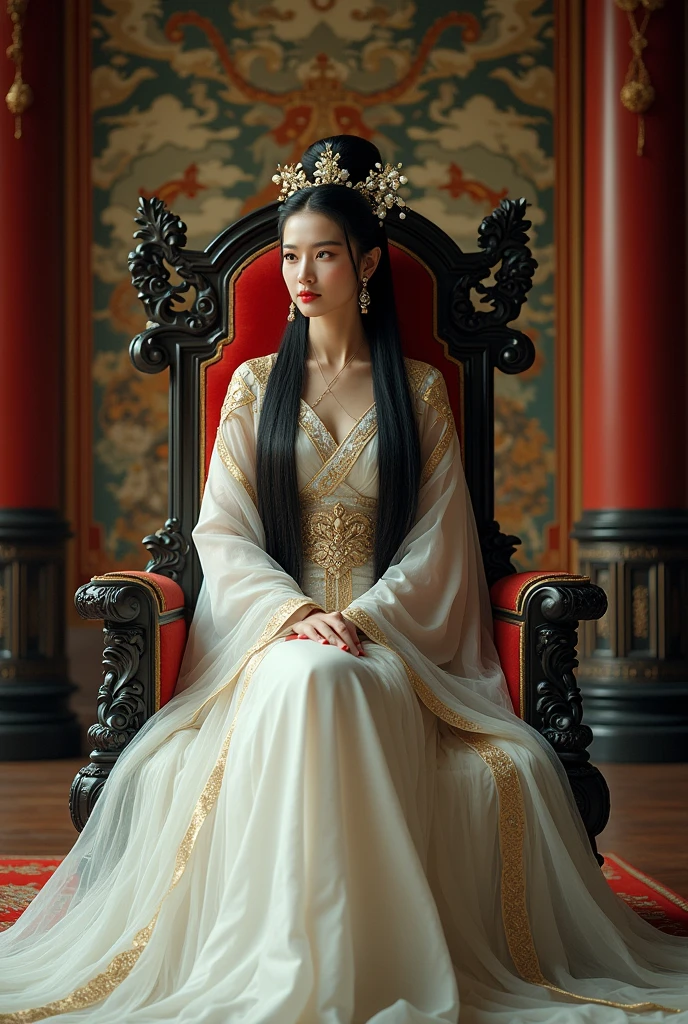 Chinese woman in a white dress up to her neck on her throne