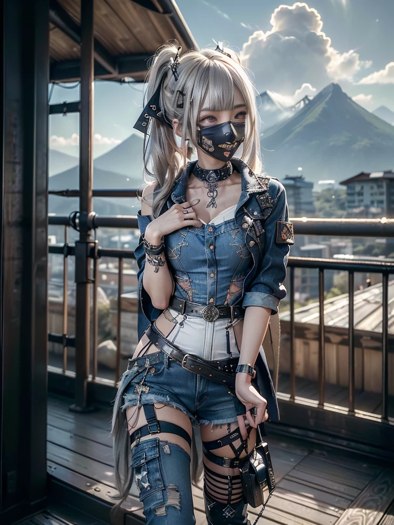 (Beautiful lips and nose:1.4)、(Long eyelashes:1.4)、(Smiling with teeth showing:1.3),(Shibuya Gal:1.5)、(A delicate neo-gothic embellished dress:1.5)、(Tattered denim and black punk rock cargo pants:1.5)、(Denim and black navy skull mark small jacket:1.4)、(denim garter belt:1.5)、(Black and denim knee socks:1.3)、(Skull Silver Accessories:1.5)、(Denim collar:1.3)、(Brown Skin Belt:1.4)、(Brown boots:1.2)、(The underwear is striped:1.4)、31 years old、((Highest quality、In 8K、masterpiece:1.3))、Sharp focus:1.2、(Layered Cut、Huge boobs:1.1),Beautiful woman with perfect figure:1.4、(Dancing vigorously:1.3)、Slender Abs:1.2、Highly detailed face and skin texture、Detailed eyes、double eyelid,(Twin tails:1.3)、(Cream colored hair:1.3)、Gravure idol、(The background is a vast mountain with a clear view々Beautiful luxury resort destination in Europe:1.3)、(Slim Body:1.2),(Make your legs thinner:1.4),(clavicle:1.1)
