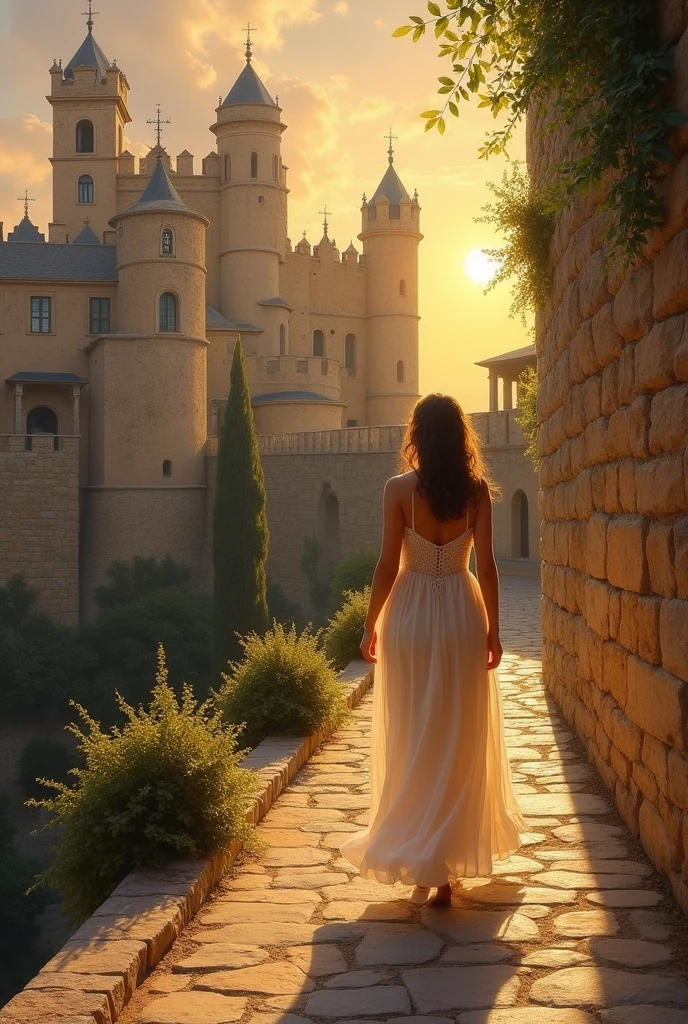 A delight oil painting of A young woman walking along a medieval city wall at sunset, her dress trailing behind her as the warm light filters by buildings, bathes her curvy body in a golden glow. Expose her lovely body.