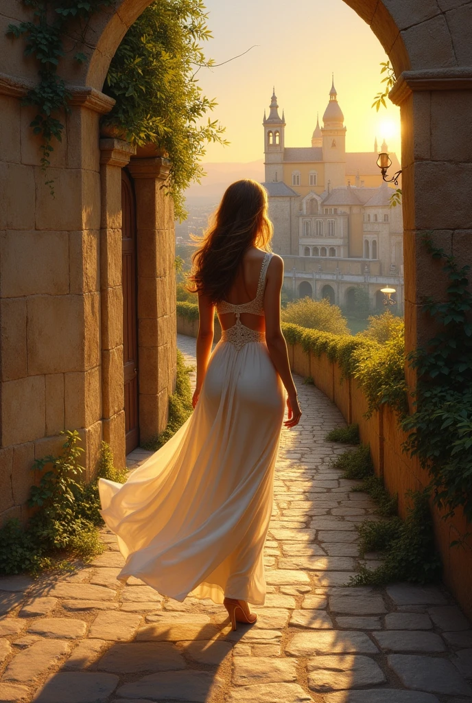 A delight oil painting of A young woman walking along a medieval city wall at sunset, her dress trailing behind her as the warm light filters by buildings, bathes her curvy body in a golden glow. Expose her lovely body.