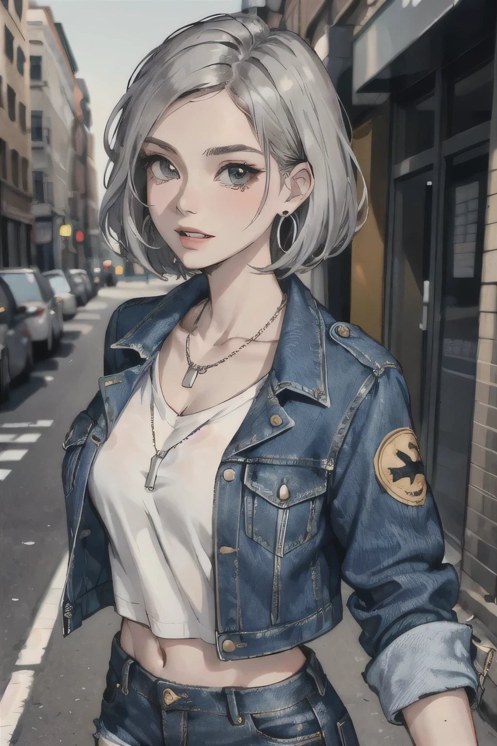 (masterpiece:1.2, Best quality), (1 lady, One, upper body:1.2), hair: short haircut, cloth: oversized, distressed denim jacket, with patches and pins, paired with black skinny jeans and combat boots, Accessories: silver hoop earrings and black necklace, A stroll through an underground music venue or street art exhibition.