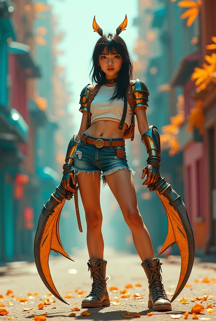full body display、One woman、19 years old、Transform the human world、The hand is shaped like a large sickle.、Big eyes、Cute face、Shoot cut、The hands are like a praying mantis、Shorts、T-Shirts、Wearing armor、