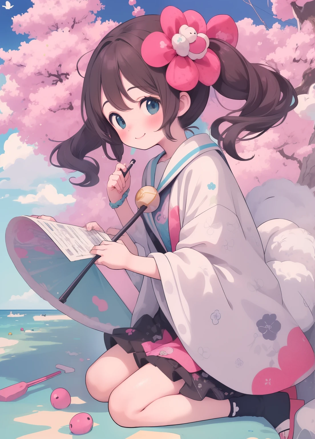 (masterpiece、Highest quality、Highest quality、Official Art、Beautiful and beautiful:1.2)、(One person:1.3)Hatsune Miku、Twin tails,Beautiful breasts, Katsushika Hokusai,8-year-old、cute、rock band、Smile、Beautiful background, Four Girls,Jump、vocal、drum、guitarist、Keyboardist