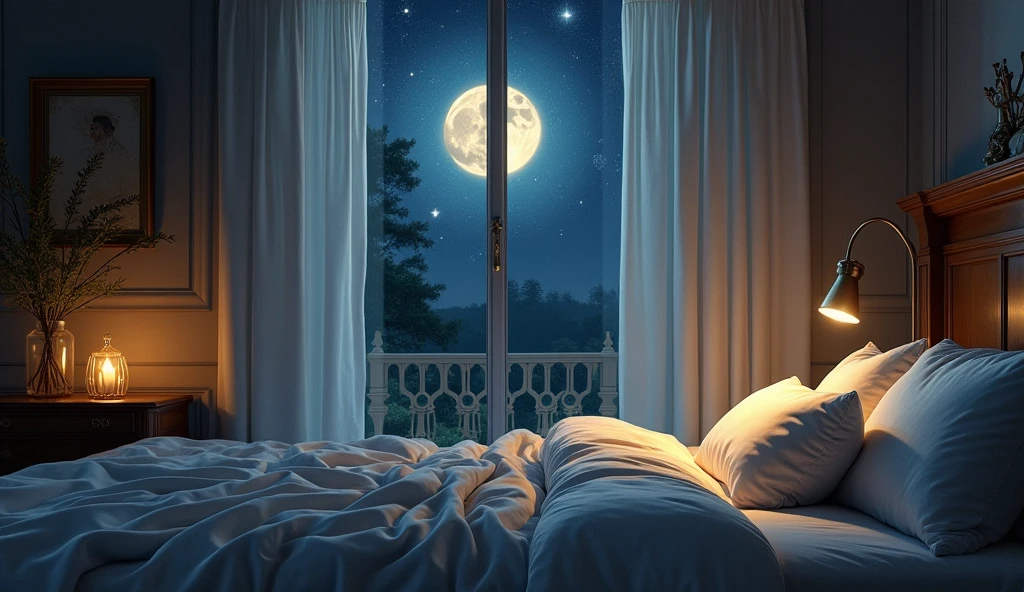 (Peaceful Dreams,夜のTranquility,Tranquility,peaceful sleep),(Highest quality,Very detailed,Realistic),(Painting),(Twinkle Star,Gentle moonlight),(Soft pillow,Comfortable bed,Dreamy atmosphere),(Tranquility,Luxurious sleep),(Peaceful and serene),(Subtle colors,Dark and warm tones),(Soft and diffuse lighting)