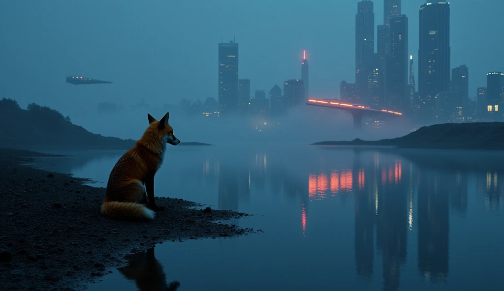 FOX ALONE REFLECTING ON THE FUTURE DARK PLACE WITH WATER SEEING A GIANT FUTURE