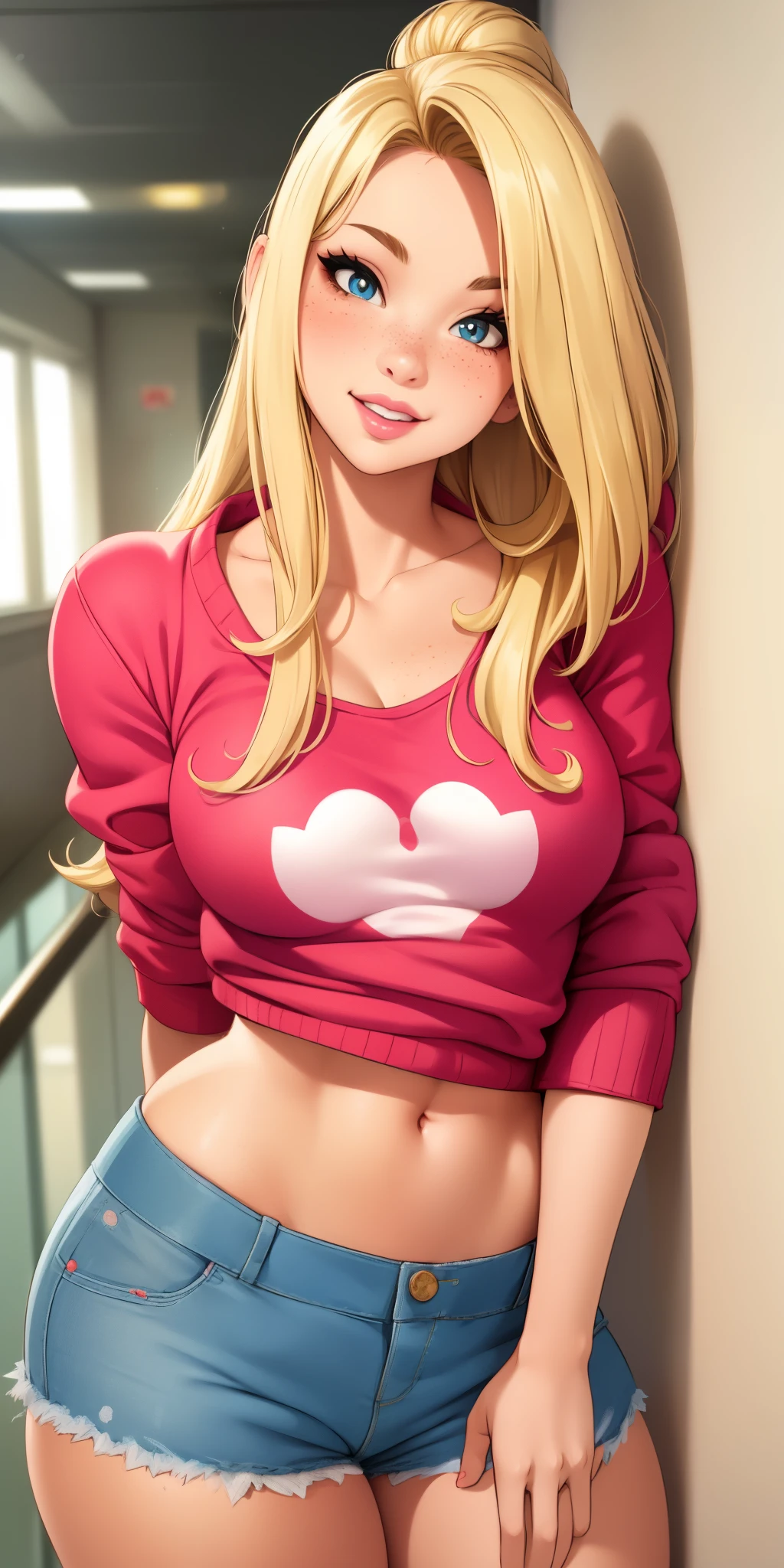 Beautiful round medium breasts, 1girl, ((Blonder hair, Beautiful straight hair, Hair parted on the right side)) ((Girl, cute girl face)) light azuis eyes, has an beautiful sensual body with freckles, with full breasts and thin waist, HIP HOP Beautiful and cute Red jacket, long denim shorts, fabric delicate, has a bold appearance. young, quality, realistic, best quality, cute expression, pink lipstick lips, Cute smile, leaning, In the building hallway, in a pose