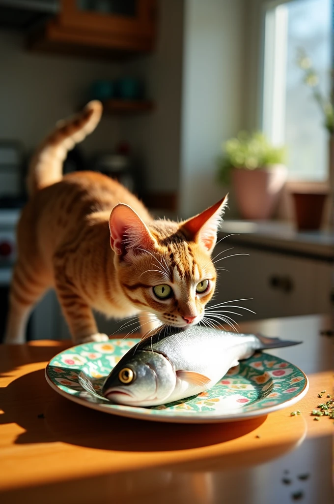 Cat biting into a fish