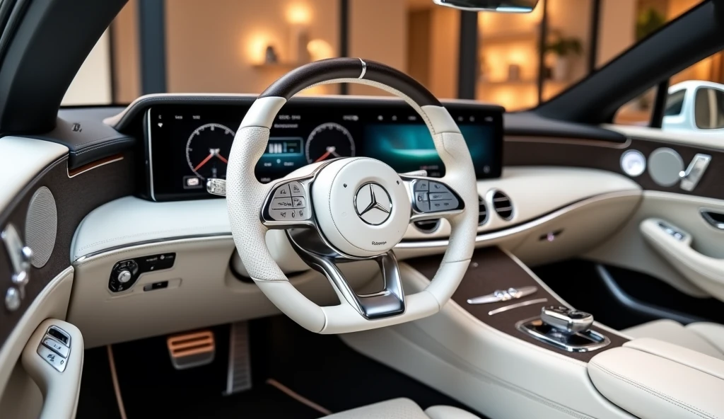 The luxurious steering wheel of the 2025 Mercedes-Maybach SL Mythos Series, elegantly displayed in a high-end showroom. The steering wheel is wrapped in pristine white leather, featuring intricate stitching and polished chrome accents that exemplify sophistication. Advanced controls are seamlessly integrated into the design, offering a perfect blend of functionality and luxury. The interior is adorned with premium materials, ambient lighting, and exquisite details, creating a refined and opulent atmosphere. The luxury showroom, with its polished marble floors, expansive glass walls, and stylish decor, enhances the exclusivity of this exceptional vehicle, making the white steering wheel a focal point of elegance.