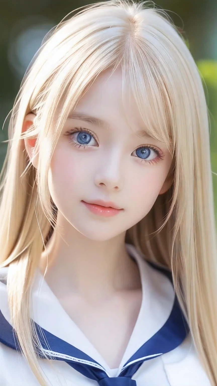 beautiful cute face、beautiful blonde straight super long hair、Half Body Shot、Beautiful long bangs、Very beautiful, bright, pale sky blue eyes、Very big eyes、Blonde hair between the eyes、Round face、Blonde hair above the eyes、片Blonde hair above the eyes、School uniforms、Sailor suit、Very white and young skin、Cheek gloss、Cheek highlighter、Small Face Beauty