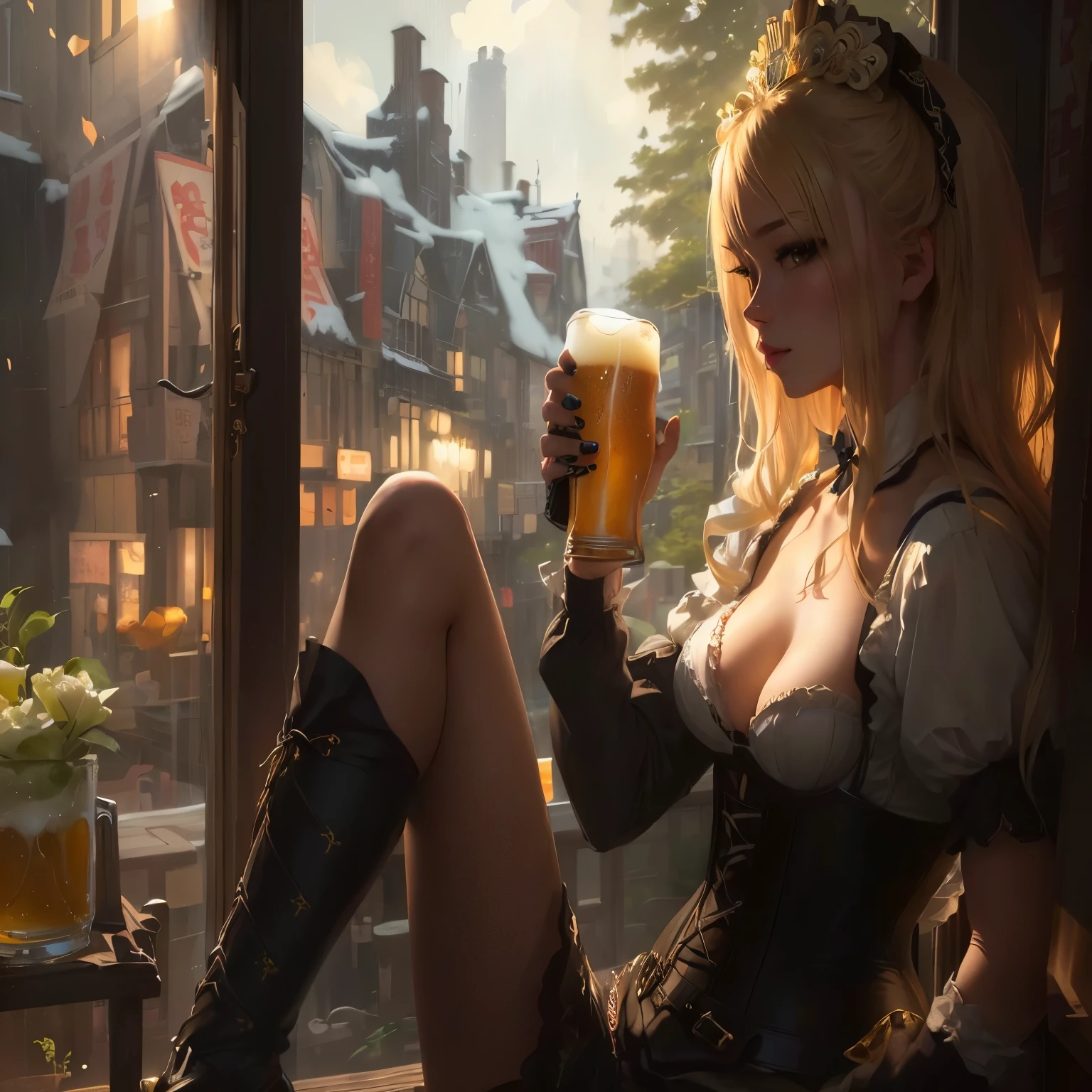 Blonde woman in corset holding beer in front of window, artwork in the style of Guweizu, Guweizu, drink beer, Guweizu on artstation pixiv, Guweizu on pixiv artstation, The best art station for fan art, drink beer, Guweizu masterpiece, very detailed artgerm, feature
