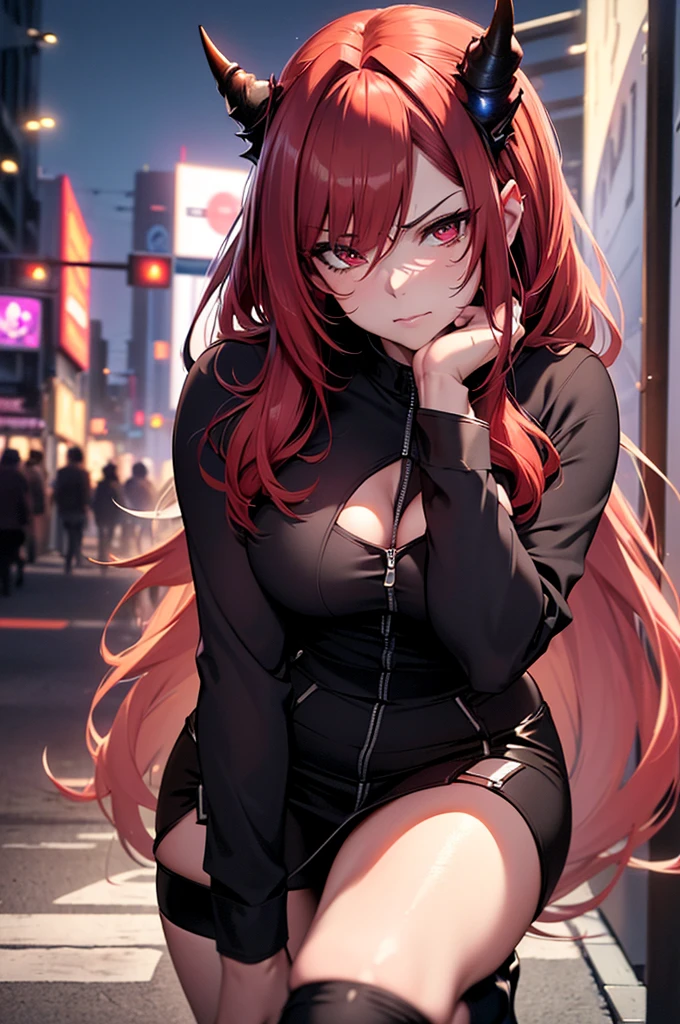 (best quality,4k,8k,highres,masterpiece:1.2),ultra-detailed,(realistic,photorealistic,photo-realistic:1.37) tsundere red haired succubus with a disgusted look on her face, imp tail, horns, sexy outfit, beautiful, modern day city, night time