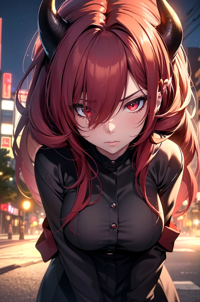 (best quality,4k,8k,highres,masterpiece:1.2),ultra-detailed,(realistic,photorealistic,photo-realistic:1.37) tsundere red haired succubus with a disgusted look on her face, imp tail, horns, sexy outfit, beautiful, modern day city, night time