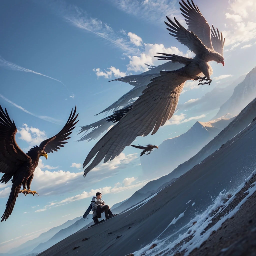 Young Asian man in silver armor flying on top of a giant crow