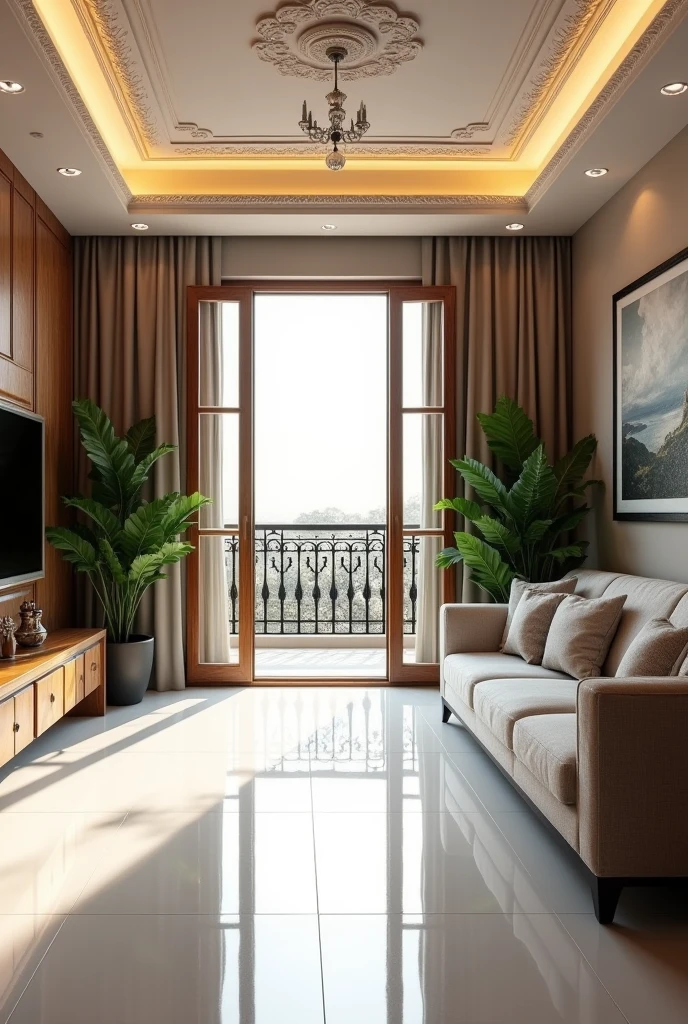(photorealism:1.2), modern living room,12ft and 28ft size, large wood window door 4 panels with balcony, white glocy tile, luxury sofa, Tv , plants, gypsum celing, warm white lights