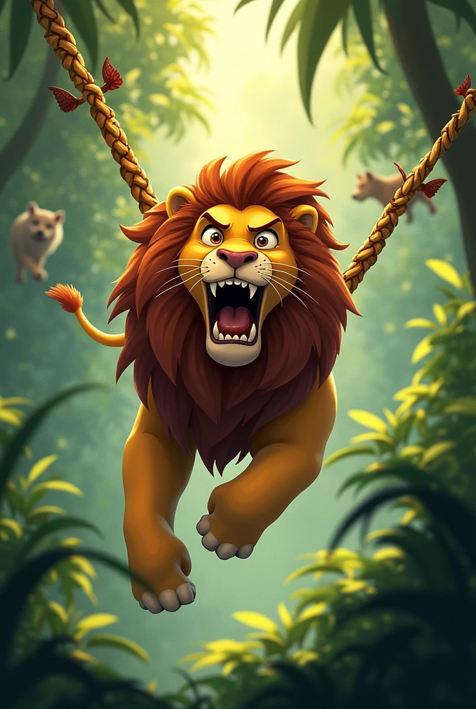 A lion falling into a thick net plot and with a scared face and no happiness at all and with an animated style and with a 2d drawing with the lion looking to the left
