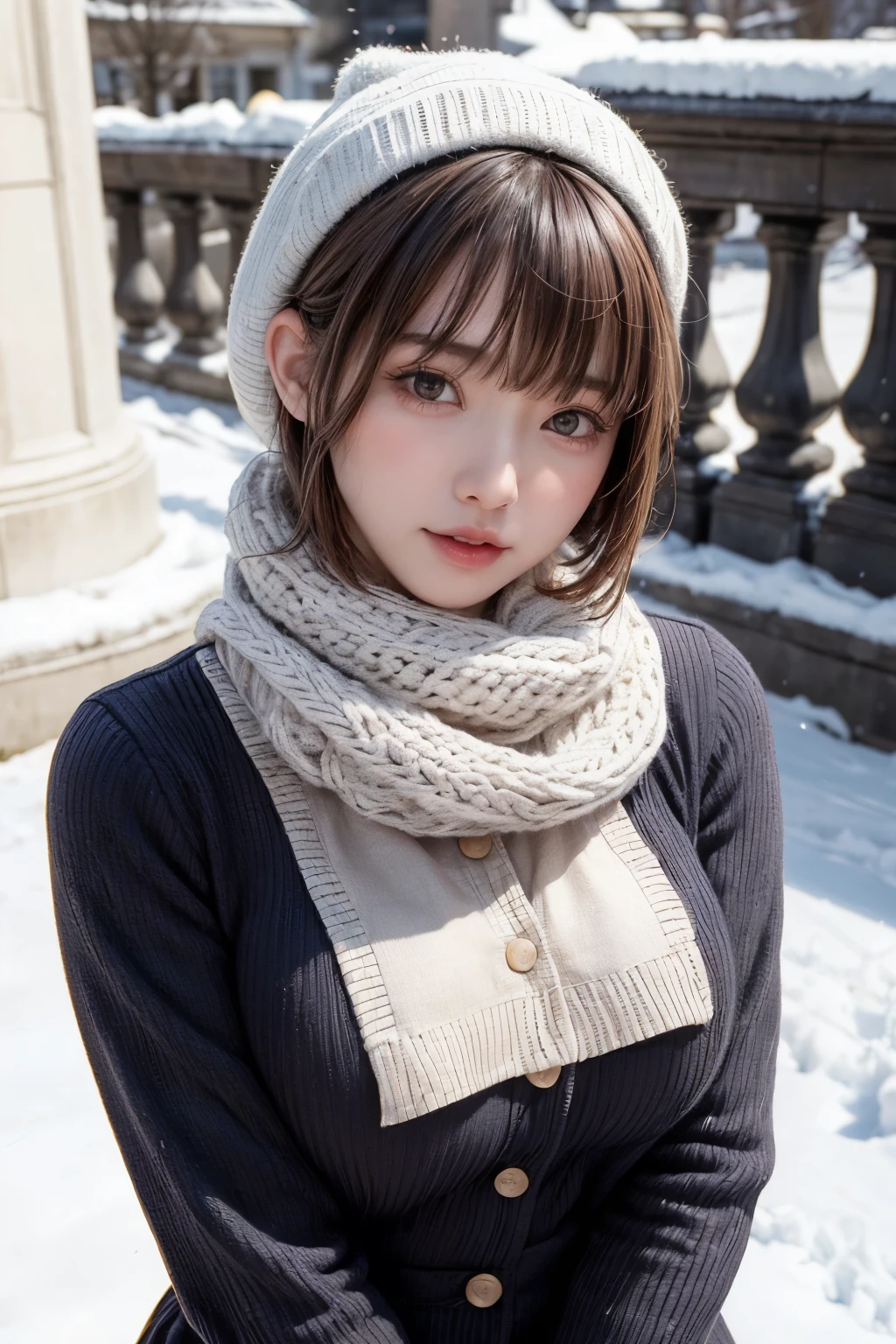 (masterpiece, Highest quality),One Girl, solo, Black-haired, scarf, hat, Realistic, Realistic, Looking at the audience, Light-coloured black eyes, Short brunette bob hair, Brown coat, Winter clothes, White headscarf, Lips, Bans, Plein Air, Mouth closed, Upper body、Big eyes、Eyelashes、((Beautiful landscape with sparkling snow))、(((Short bob hair with bangs、Shiny Hair、Big eyes、large full chest、Intensely accentuates the eyes、Staring at the audience、Beautiful beauty、Listen carefully、Long neck、Smile a little、Please close your mouth and laugh、Ideal body proportions)))、{huge|big|hugeな|Mega} chest, chestの谷間