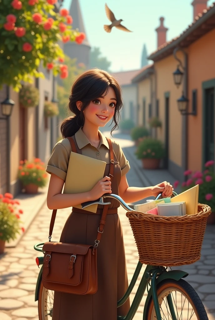 Post office girl with brown uniform holding post Letter and bag with cycle