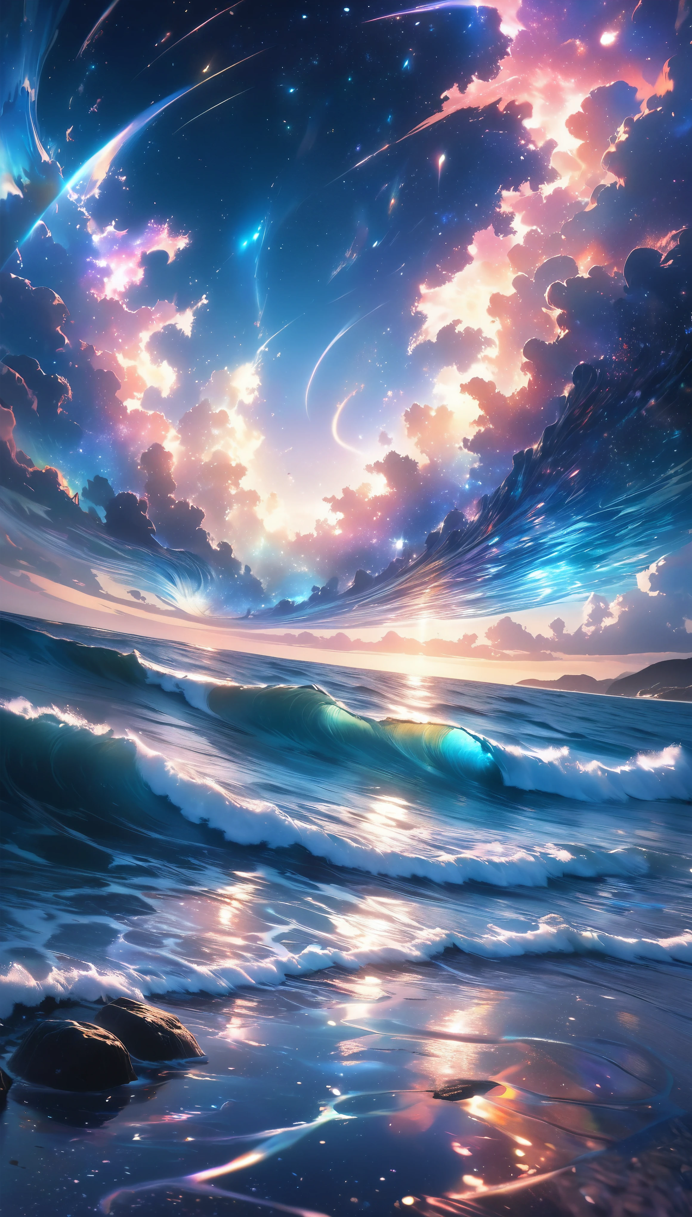 a breathtaking fantasy seascape, a sea of stars, stars liquified and forming the ocean, dazzling luminescent stardust, holographic mirror-like reflections, transparent rainbow-colored iridescent coating, multiple exposures layered, gentle ocean waves, dramatic lighting and staging, surreal and aesthetically stunning, shimmering and sparkling effects