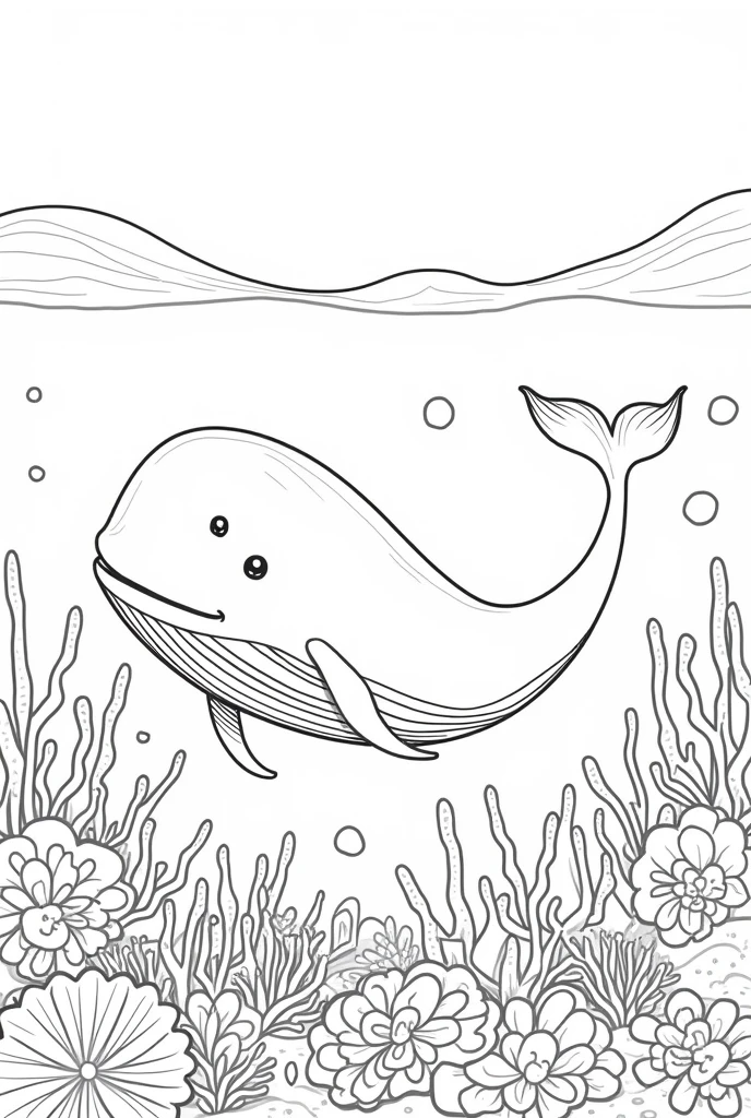 Coloring page for children with corals and whale black and white 

