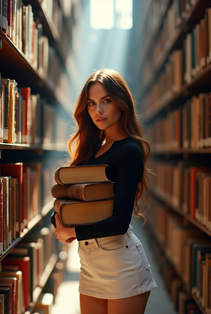 Melissa Sue Anderson, standing in the middle of two shelves of books in the library, sexy pose, white miniskirt, black top, hugging some big books, chestnut, full body, hot.