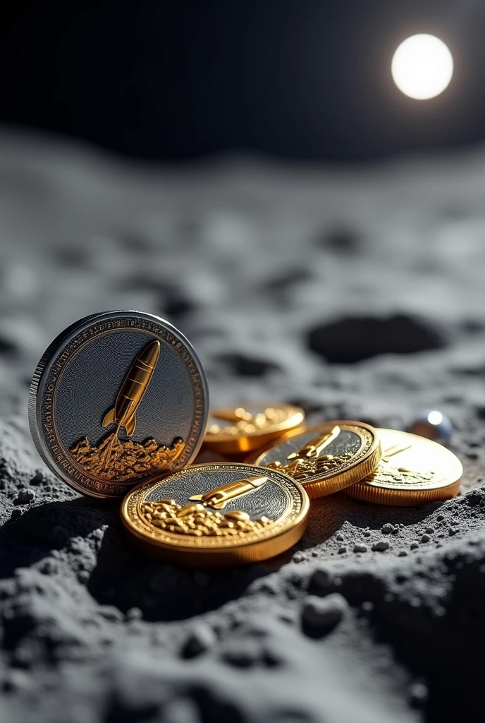 Coins with a rocket on the moon super realistic