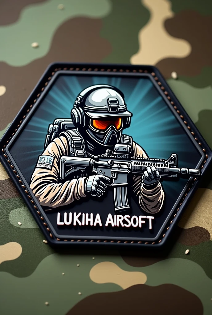 Rubber patch, military coat of arms with the name Lukinha Airsoft, operator carrying an m4 rifle wearing a cap and headphones