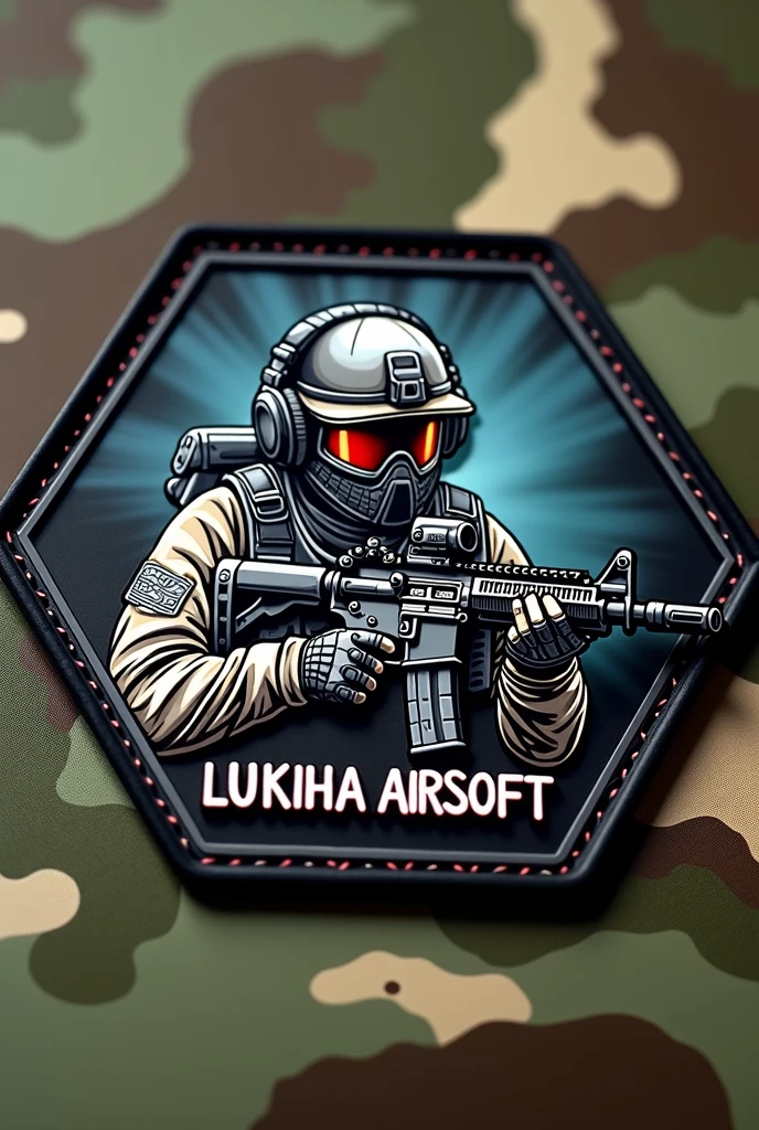 Rubber patch, military coat of arms with the name Lukinha Airsoft, operator carrying an m4 rifle wearing a cap and headphones