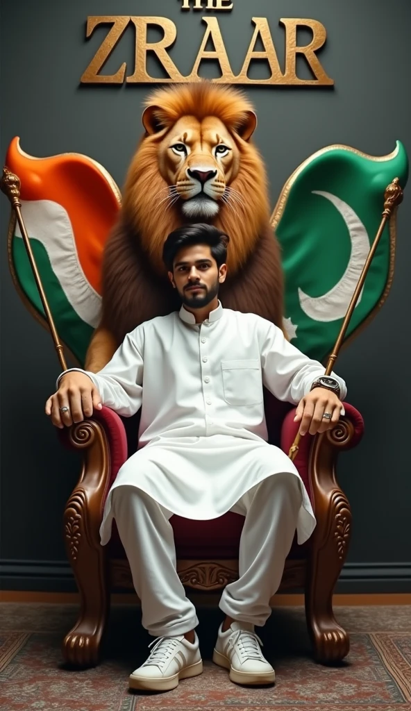 Create a 3D illusion for the profile picture where a cute 25 year old boy in white kurta is sitting comfortably on the chair of the King of Beasts throne. Pakistani flag in hand And a ferocious lion next to me. Wearing sneakers, he looks ahead. “ZRAAR” is written in large, Boss Fonts font on the dark gray wall in the background. He has no shadow and has Indian Tricolor colored wings 4k