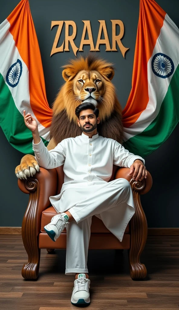 Create a 3D illusion for the profile picture where a cute 25 year old boy in white kurta is sitting comfortably on the chair of the King of Beasts throne. Pakistani flag in hand And a ferocious lion next to me. Wearing sneakers, he looks ahead. “ZRAAR” is written in large, Boss Fonts font on the dark gray wall in the background. He has no shadow and has Indian Tricolor colored wings 4k