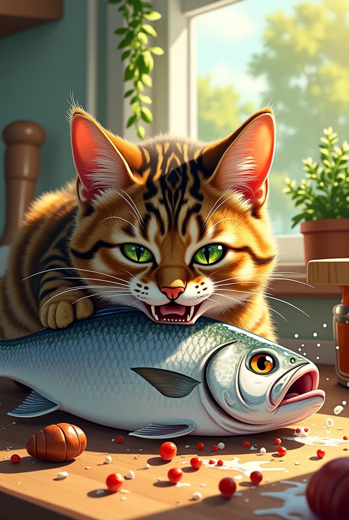 A cat biting into a fish, but biting into it more vigorously