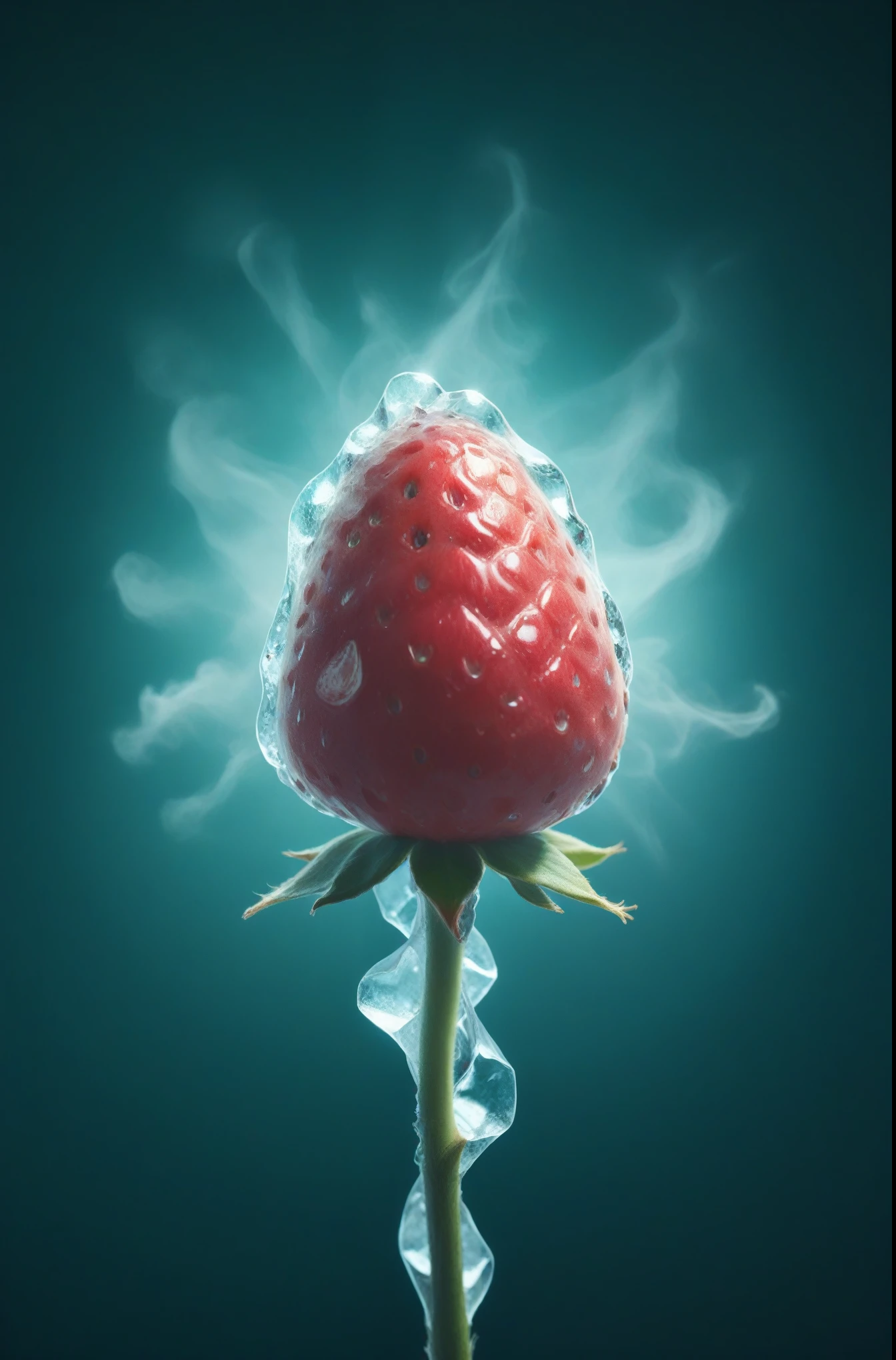 best quality、masterpiece、Strawberry single flower、バラのPetals are strawberries、Petals are strawberries、Rose-like ice made from strawberries、Super realistic strawberry with stem、level、Dark background、spotlight、dry ice smoke