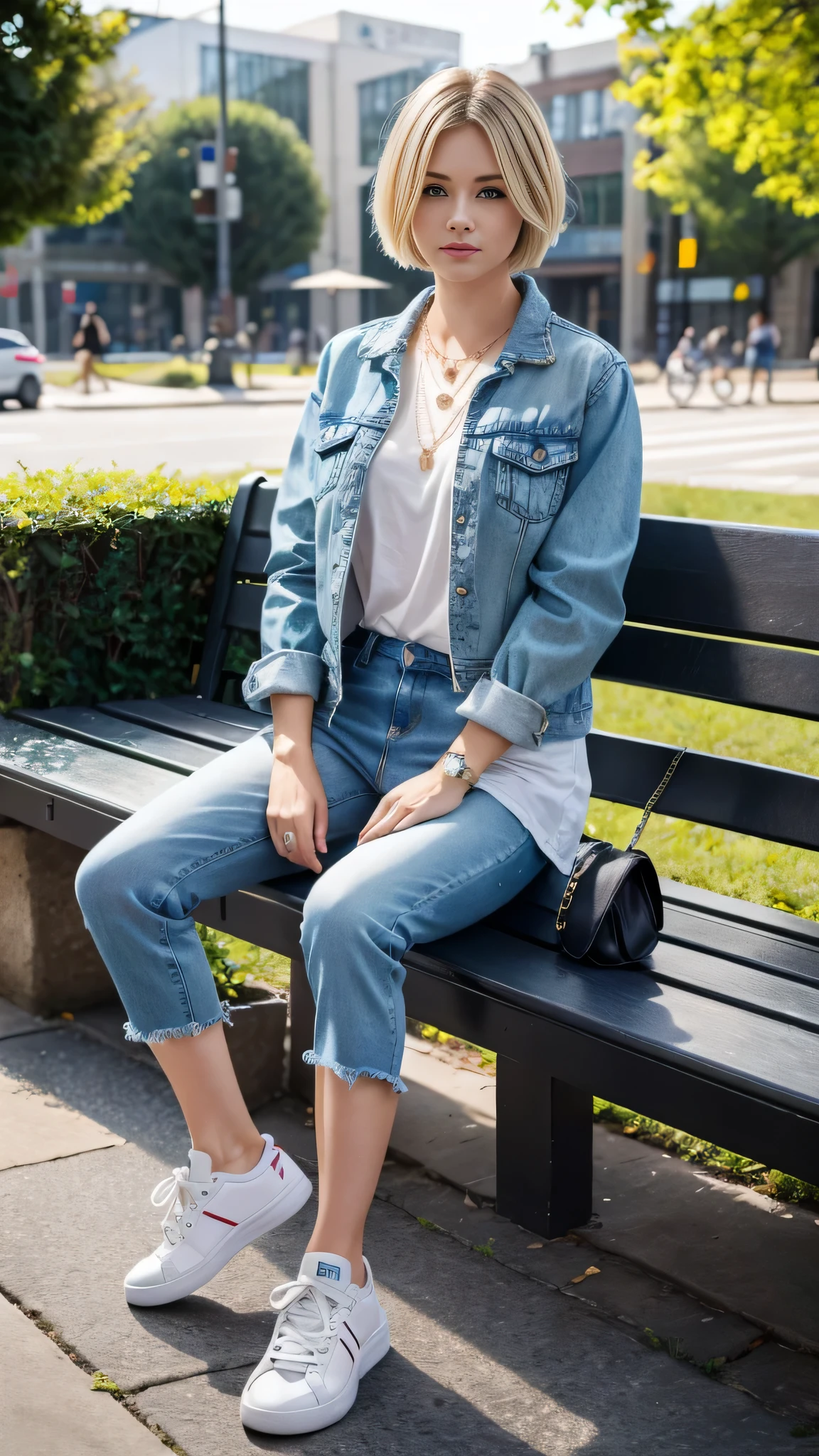 Super Resolution、Neat and clean Caucasian woman、Full body photo、sitting on a park bench、Blonde Hair、Short Haircut、Wavy Hair、Blue eyes、Short Haircut、Ear piercing、、necklace、Denim jacket、shirt、Skinny jeans、sneakers、