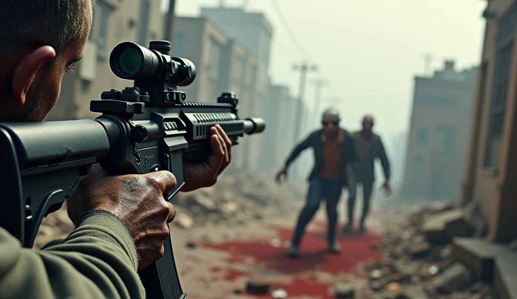 A close-up of a heavily textured hand gripping a modern assault rifle with a scope, aimed at two animated, zombie-like figures lunging forward in a desolate urban environment. The background features a faded cityscape, hinting at chaos, with splatters of red suggesting violence. The scene conveys a sense of urgency and action, characteristic of a survival or shooting video game.
