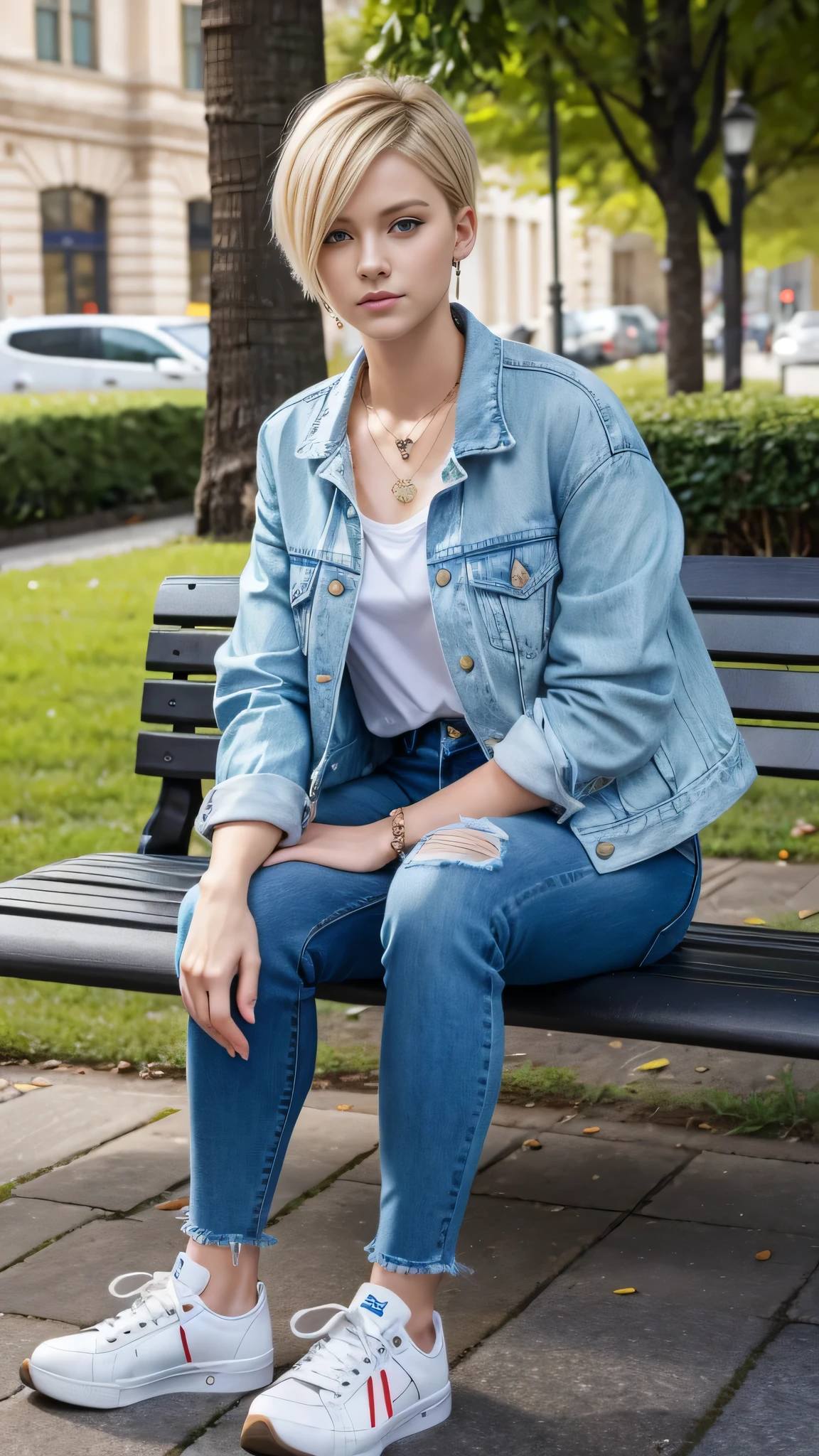Super Resolution、Neat and clean Caucasian woman、Full body photo、sitting on a park bench、Blonde Hair、Short Haircut、Wavy Hair、Blue eyes、Short Haircut、Ear piercing、、necklace、Denim jacket、shirt、Skinny jeans、sneakers、