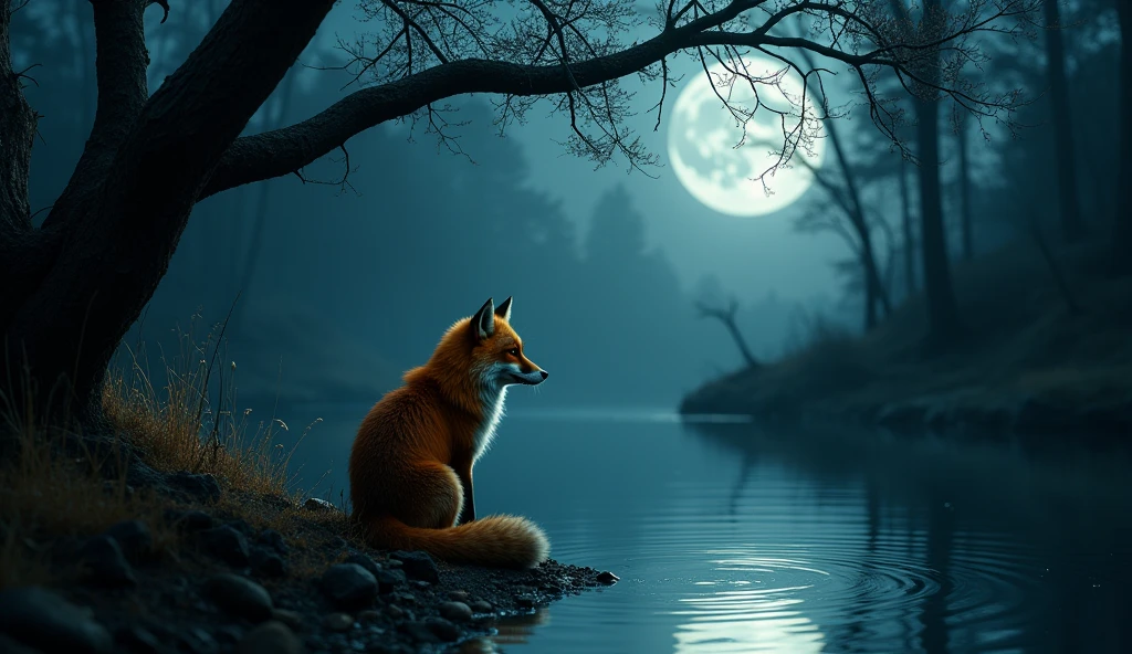 FOX ALONE REFLECTING ON THE FUTURE DARK PLACE WITH WATER SEEING A FREE FUTURE