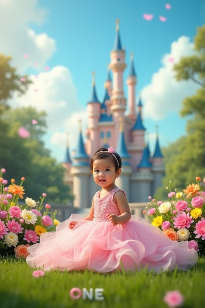 Real pinay baby girl wearing pink gown sitting in the floor with background castle and arounding flowers with name "one" write