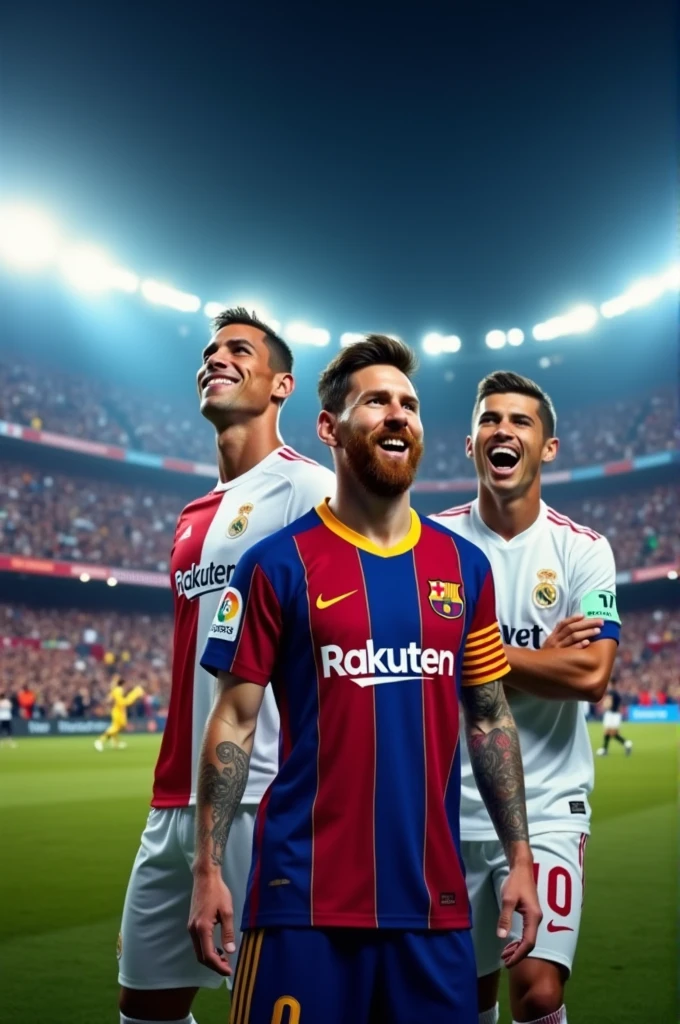 Messi smiling in front of ronaldo smiling