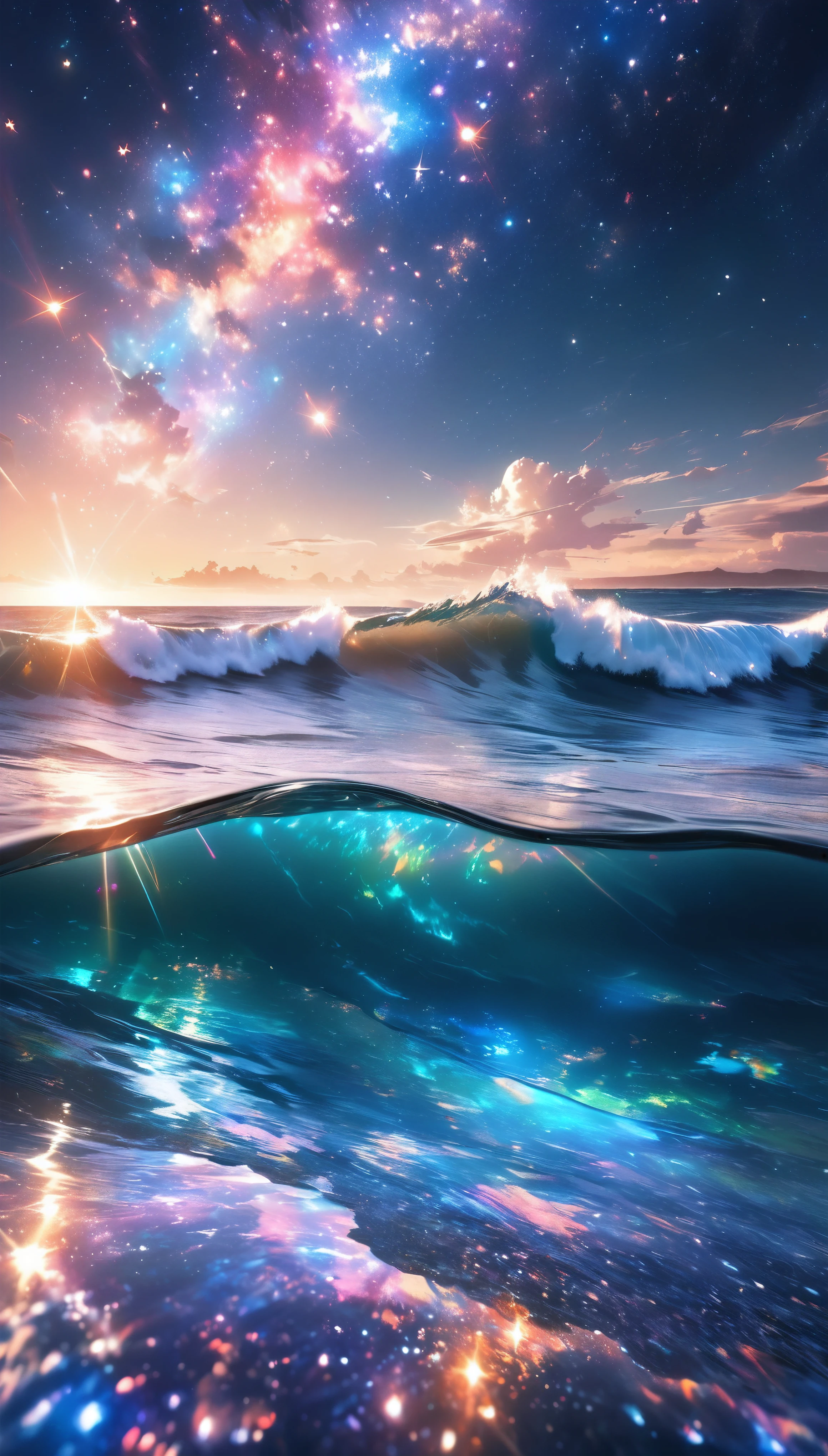 a breathtaking fantasy seascape, a sea of stars, stars liquified and forming the ocean, dazzling luminescent stardust, holographic mirror-like reflections, transparent rainbow-colored iridescent coating, multiple exposures layered, gentle ocean waves, dramatic lighting and staging, surreal and aesthetically stunning, shimmering and sparkling effects