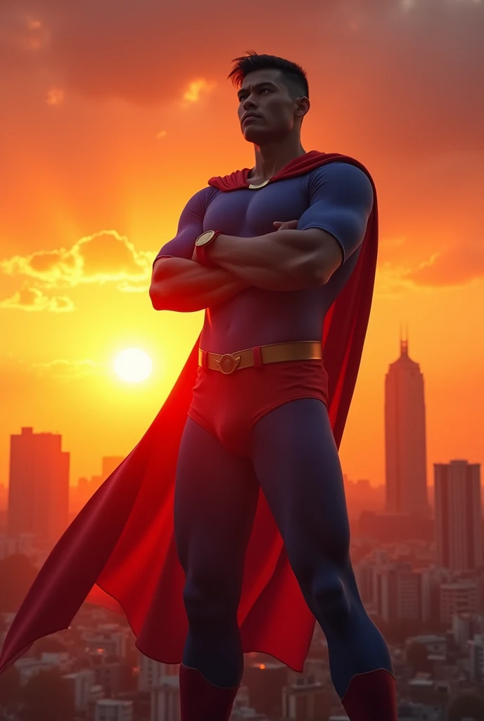 Can you make a super hero who has the ability to fly and has the power of intelligence and it shows a good example to people. his face has a handsome face and a filipino, moreno and has a large body and height. His position is standing