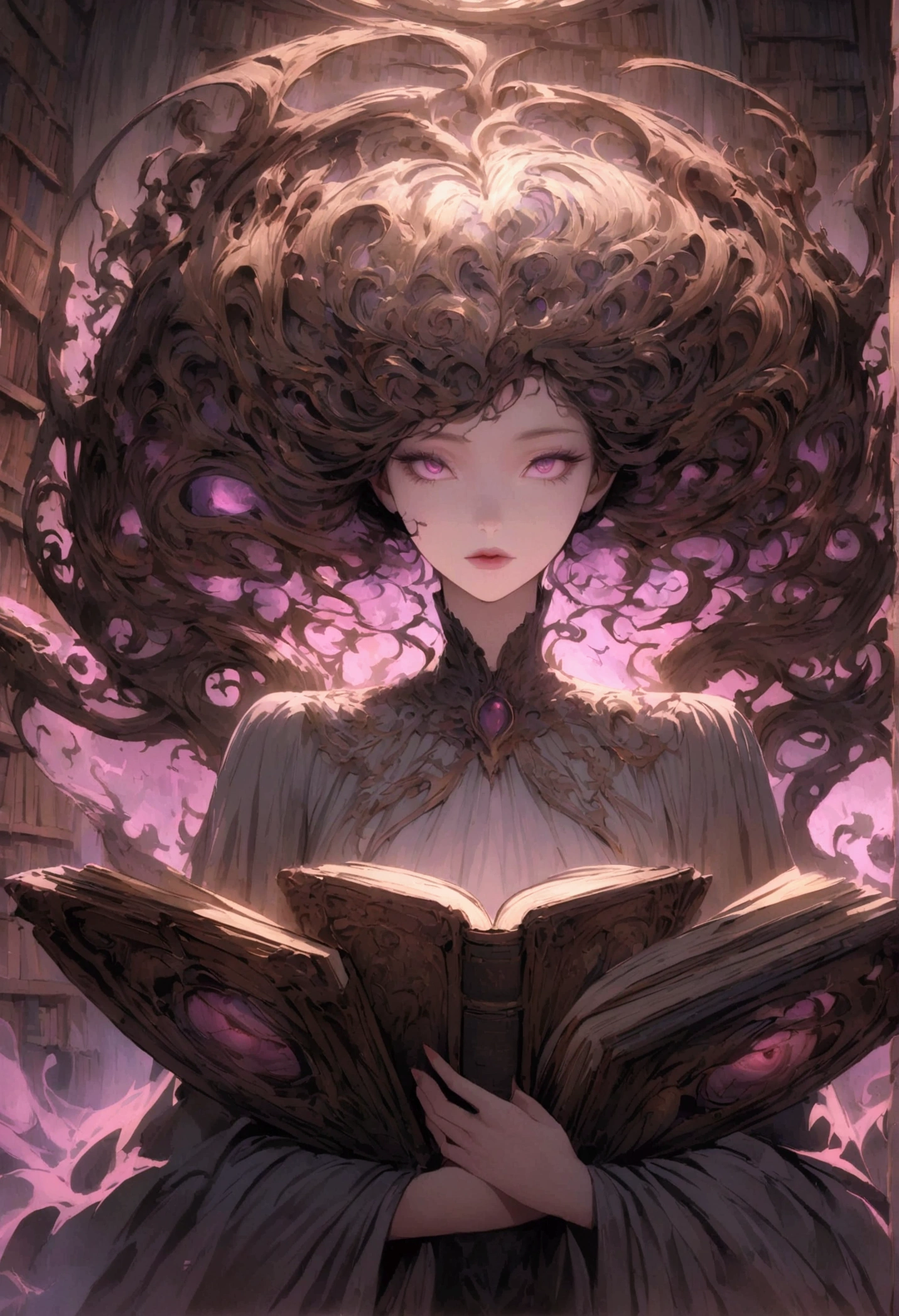haunted library, with souls, with many books